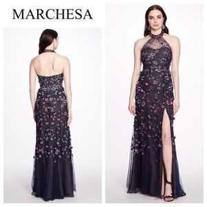 Marchesa 3D Floral Appliqué Halter Gown